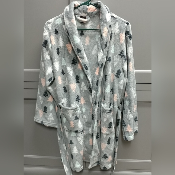 Plush Robe Tree Design Ladies Small w/ Pockets Belt Gray Black Pink Green White - Picture 7 of 16